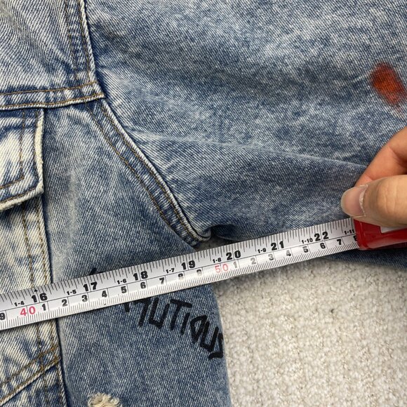 Y2K Zara Denim Punk Emo Goth Graffiti Jacket Sherpa Lined Distressed Men Size S - Picture 8 of 16